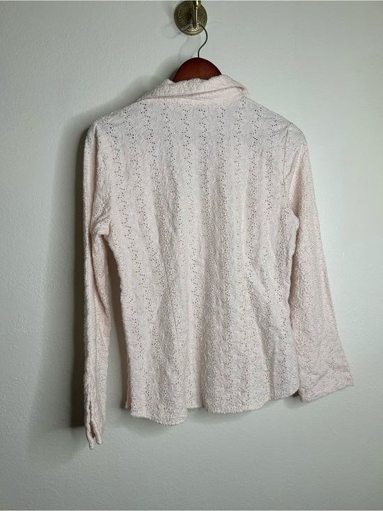 Carol Little 100% Linen Woven Cream Eyelet Bell Sleeve V - Neck Long Sleeve Top
