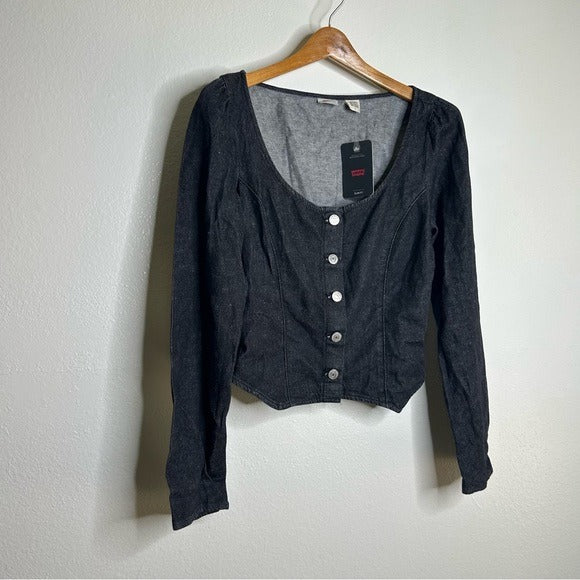 Levi's Cotton Hemp Black Button Down Scoop Neck Denim Long Sleeve Top