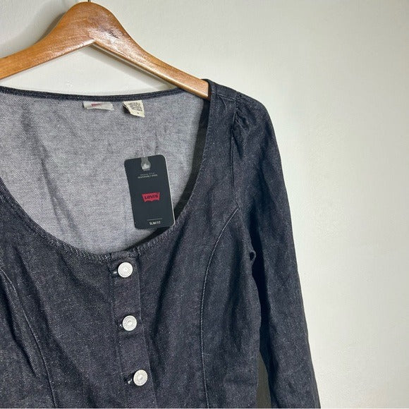 Levi's Cotton Hemp Black Button Down Scoop Neck Denim Long Sleeve Top