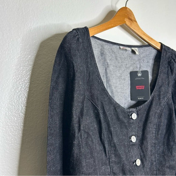Levi's Cotton Hemp Black Button Down Scoop Neck Denim Long Sleeve Top
