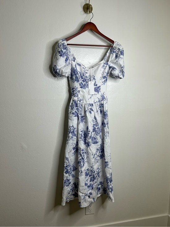 Reformation 100% Linen Davila Puff Sleeve Blue Floral Smocked Midi Dress