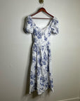 Reformation 100% Linen Davila Puff Sleeve Blue Floral Smocked Midi Dress