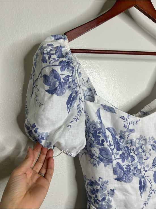Reformation 100% Linen Davila Puff Sleeve Blue Floral Smocked Midi Dress