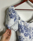 Reformation 100% Linen Davila Puff Sleeve Blue Floral Smocked Midi Dress