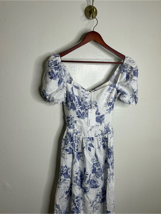 Reformation 100% Linen Davila Puff Sleeve Blue Floral Smocked Midi Dress