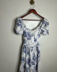 Reformation 100% Linen Davila Puff Sleeve Blue Floral Smocked Midi Dress