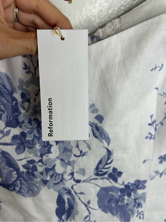 Reformation 100% Linen Davila Puff Sleeve Blue Floral Smocked Midi Dress