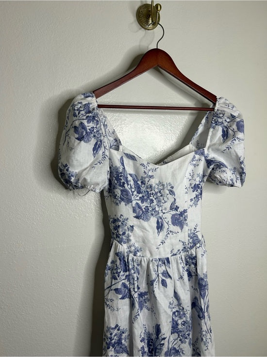 Reformation Reformation 100% Linen Davila Puff Sleeve Blue Floral Smocked Midi Dress - Linen