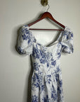 Reformation 100% Linen Davila Puff Sleeve Blue Floral Smocked Midi Dress