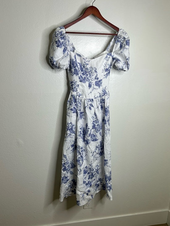 Reformation Reformation 100% Linen Davila Puff Sleeve Blue Floral Smocked Midi Dress - Linen