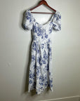 Reformation 100% Linen Davila Puff Sleeve Blue Floral Smocked Midi Dress