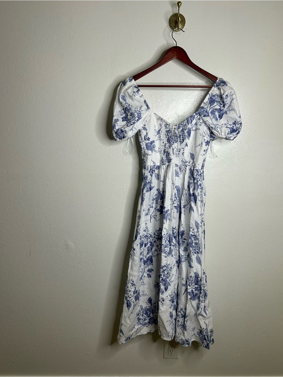Reformation Reformation 100% Linen Davila Puff Sleeve Blue Floral Smocked Midi Dress - Linen