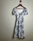 Reformation 100% Linen Davila Puff Sleeve Blue Floral Smocked Midi Dress