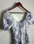 Reformation 100% Linen Davila Puff Sleeve Blue Floral Smocked Midi Dress