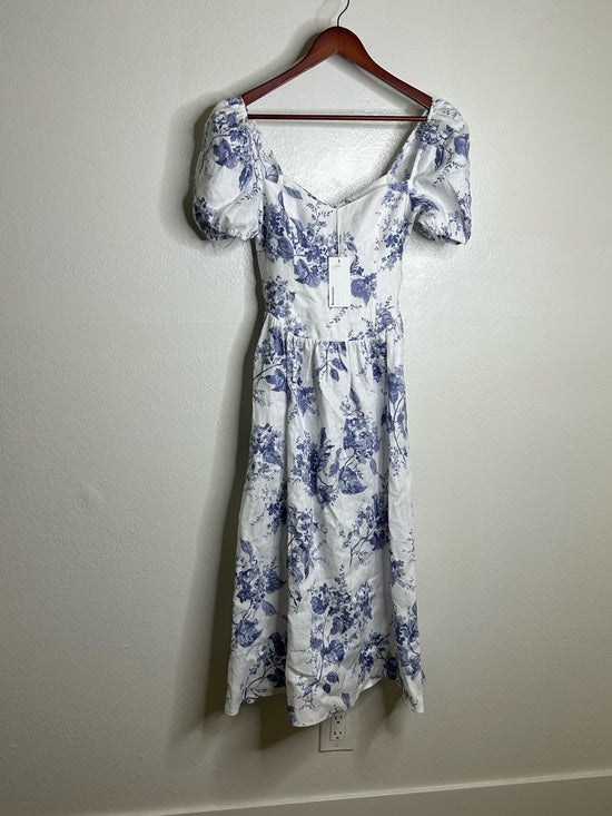 Reformation 100% Linen Davila Puff Sleeve Blue Floral Smocked Midi Dress