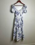 Reformation 100% Linen Davila Puff Sleeve Blue Floral Smocked Midi Dress