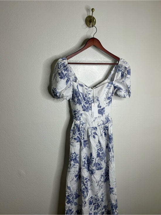 Reformation 100% Linen Davila Puff Sleeve Blue Floral Smocked Midi Dress