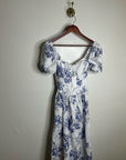 Reformation 100% Linen Davila Puff Sleeve Blue Floral Smocked Midi Dress