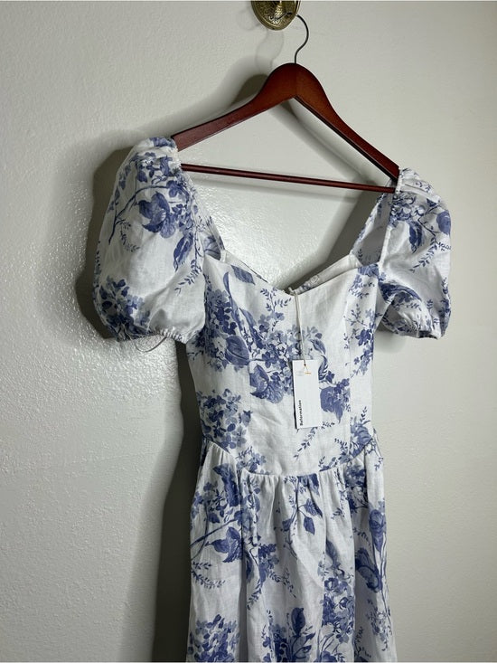Reformation 100% Linen Davila Puff Sleeve Blue Floral Smocked Midi Dre –  Natural Fiber Closet