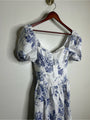 Reformation 100% Linen Davila Puff Sleeve Blue Floral Smocked Midi Dress
