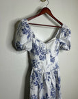 Reformation 100% Linen Davila Puff Sleeve Blue Floral Smocked Midi Dress