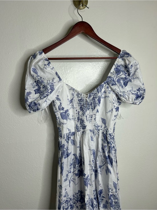 Reformation 100% Linen Davila Puff Sleeve Blue Floral Smocked Midi Dress