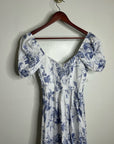 Reformation 100% Linen Davila Puff Sleeve Blue Floral Smocked Midi Dress