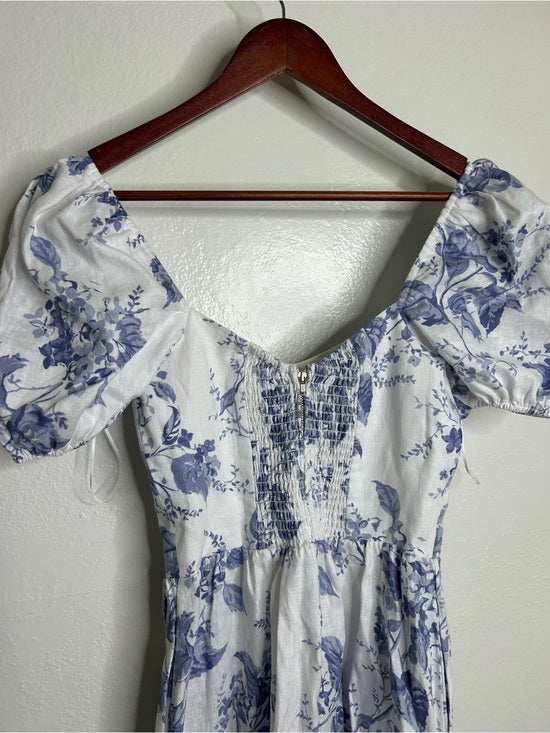 Reformation 100% Linen Davila Puff Sleeve Blue Floral Smocked Midi Dress
