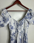 Reformation 100% Linen Davila Puff Sleeve Blue Floral Smocked Midi Dress