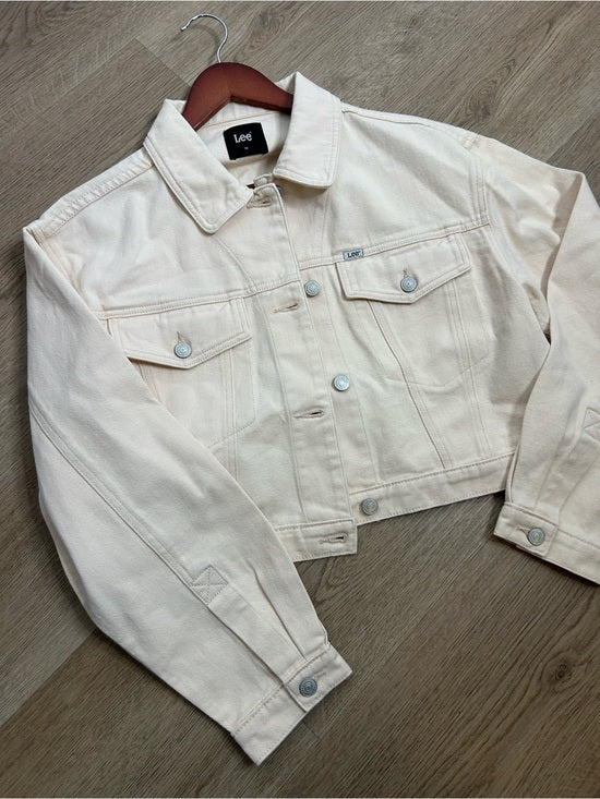 Free People x Lee 100% Cotton Denim Cream Cropped Denim Jacket Boxy Fit