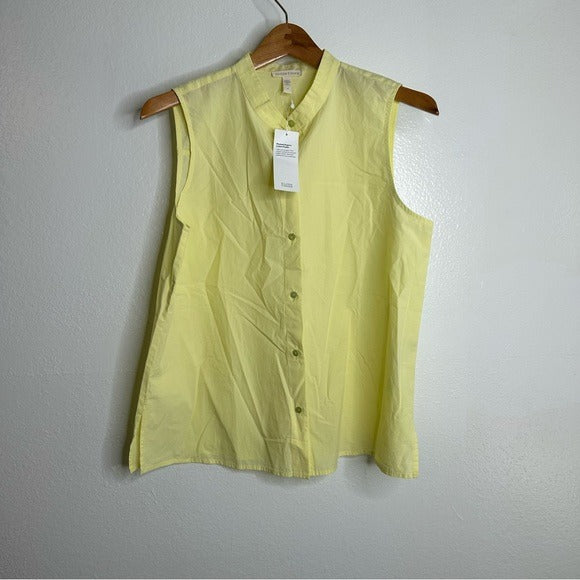 Eileen Fisher Eileen Fisher 100% Organic Cotton Mandrian Collar Pale Yellow Tank Button Down Blouse - Cotton