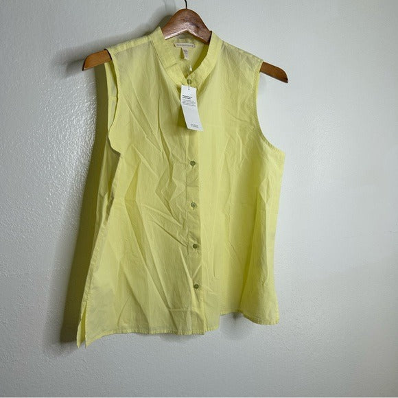 Eileen Fisher Eileen Fisher 100% Organic Cotton Mandrian Collar Pale Yellow Tank Button Down Blouse - Cotton
