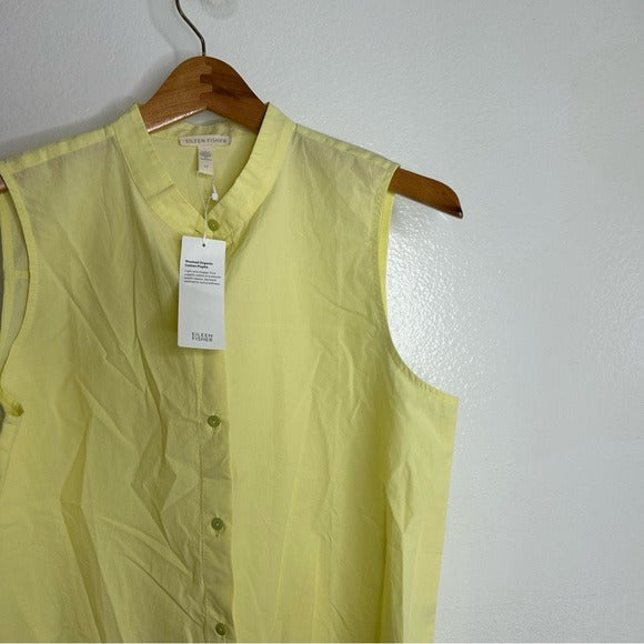 Eileen Fisher Eileen Fisher 100% Organic Cotton Mandrian Collar Pale Yellow Tank Button Down Blouse - Cotton