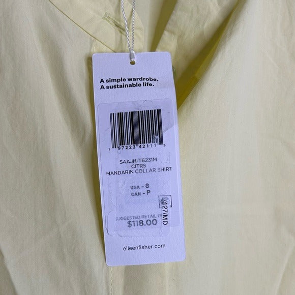 Eileen Fisher 100% Organic Cotton Mandrian Collar Pale Yellow Tank Button Down Blouse