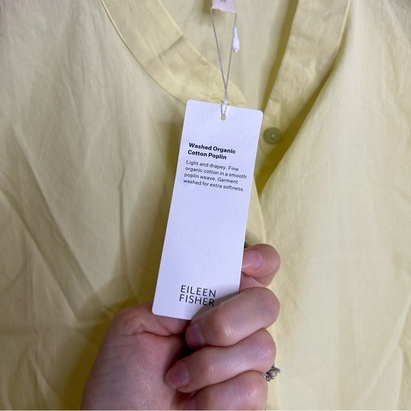 Eileen Fisher 100% Organic Cotton Mandrian Collar Pale Yellow Tank Button Down Blouse