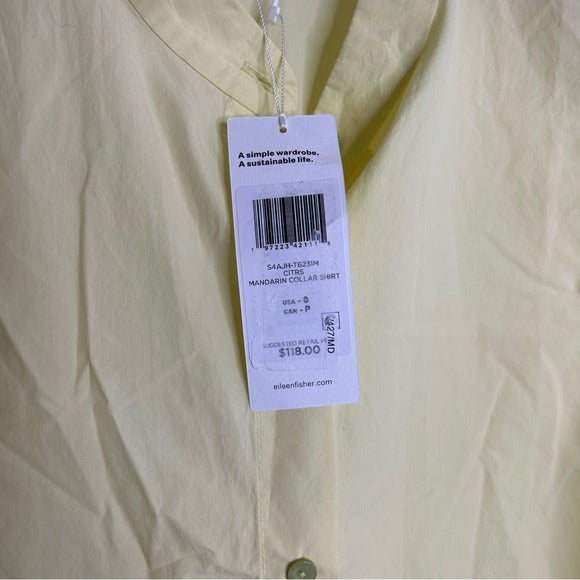 Eileen Fisher 100% Organic Cotton Mandrian Collar Pale Yellow Tank Button Down Blouse