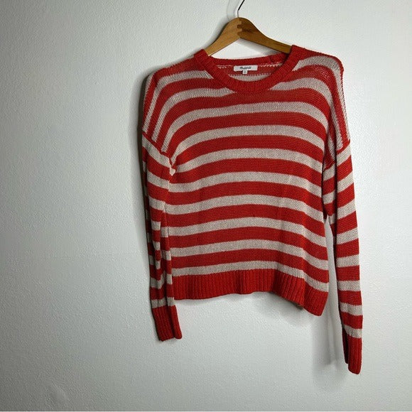 Madewell 100% Linen Knit Textured Striped Crew Neck Sweater