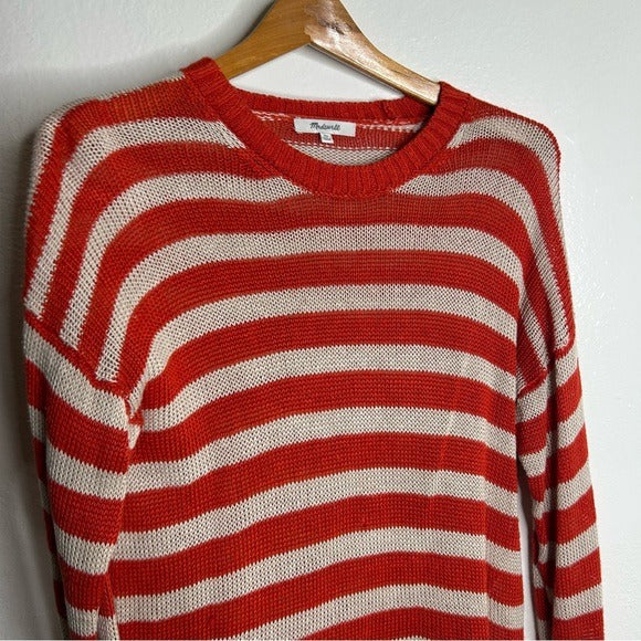 Madewell 100% Linen Knit Textured Striped Crew Neck Sweater