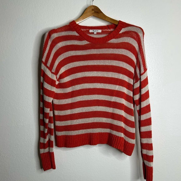 Madewell 100% Linen Knit Textured Striped Crew Neck Sweater