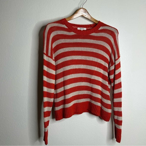 Madewell 100% Linen Knit Textured Striped Crew Neck Sweater