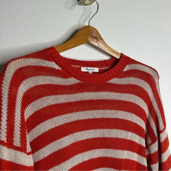 Madewell 100% Linen Knit Textured Striped Crew Neck Sweater