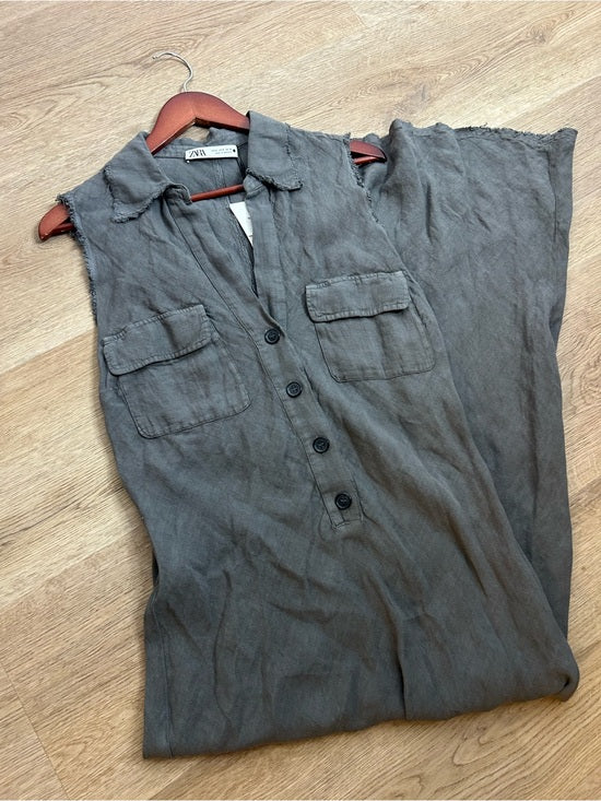 Zara 100% Linen Charcoal Gray Button Down Raw Hem Tank Collared Maxi Dress