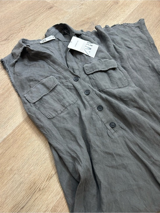 Zara 100% Linen Charcoal Gray Button Down Raw Hem Tank Collared Maxi Dress