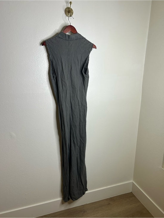 Zara 100% Linen Charcoal Gray Button Down Raw Hem Tank Collared Maxi Dress