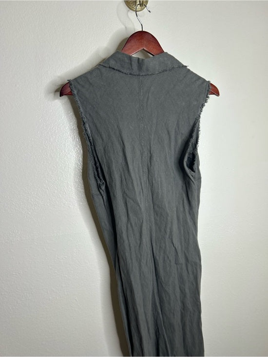 Zara 100% Linen Charcoal Gray Button Down Raw Hem Tank Collared Maxi Dress