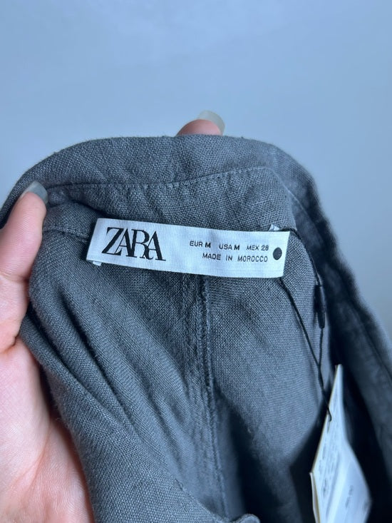 Zara 100% Linen Charcoal Gray Button Down Raw Hem Tank Collared Maxi Dress