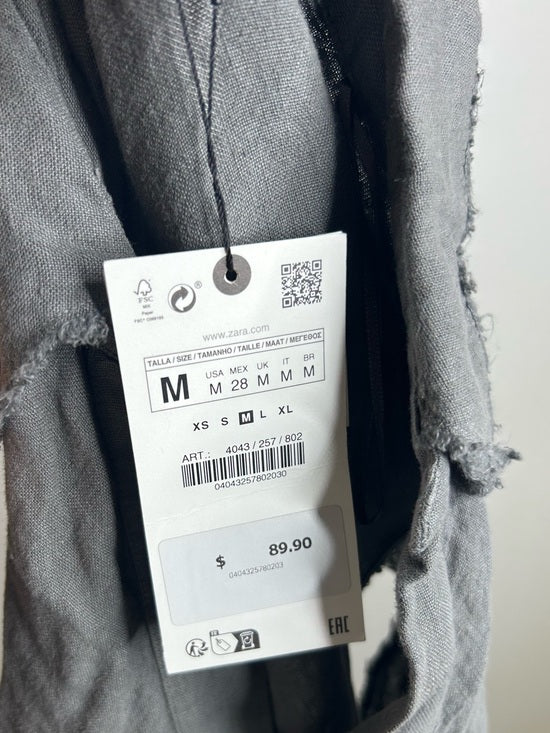 Zara 100% Linen Charcoal Gray Button Down Raw Hem Tank Collared Maxi Dress