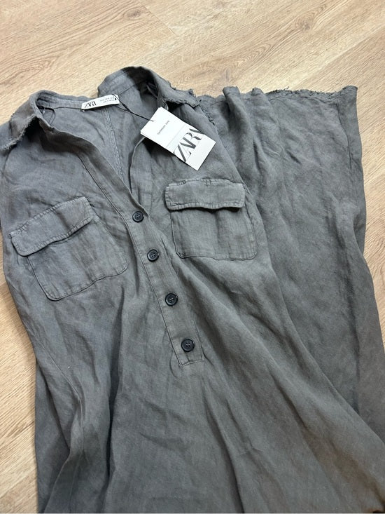 Zara 100% Linen Charcoal Gray Button Down Raw Hem Tank Collared Maxi Dress