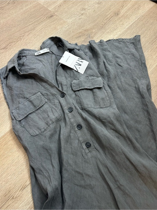 Zara 100% Linen Charcoal Gray Button Down Raw Hem Tank Collared Maxi Dress