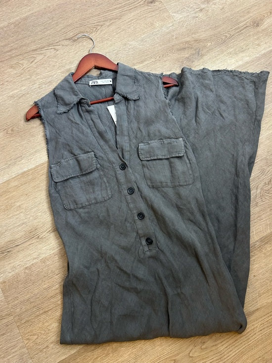 Zara 100% Linen Charcoal Gray Button Down Raw Hem Tank Collared Maxi Dress